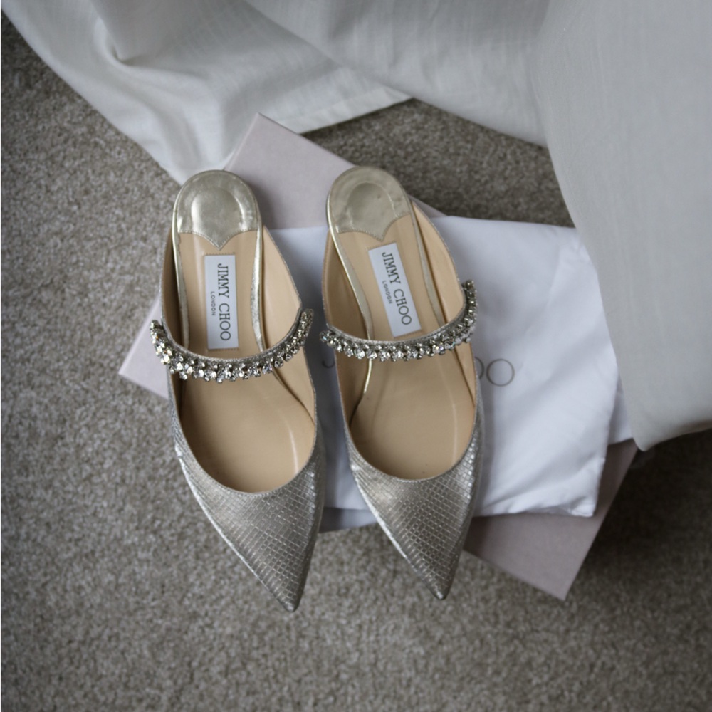Jimmy Choo Silver Bing Flat Mules with Crystal Embellishments